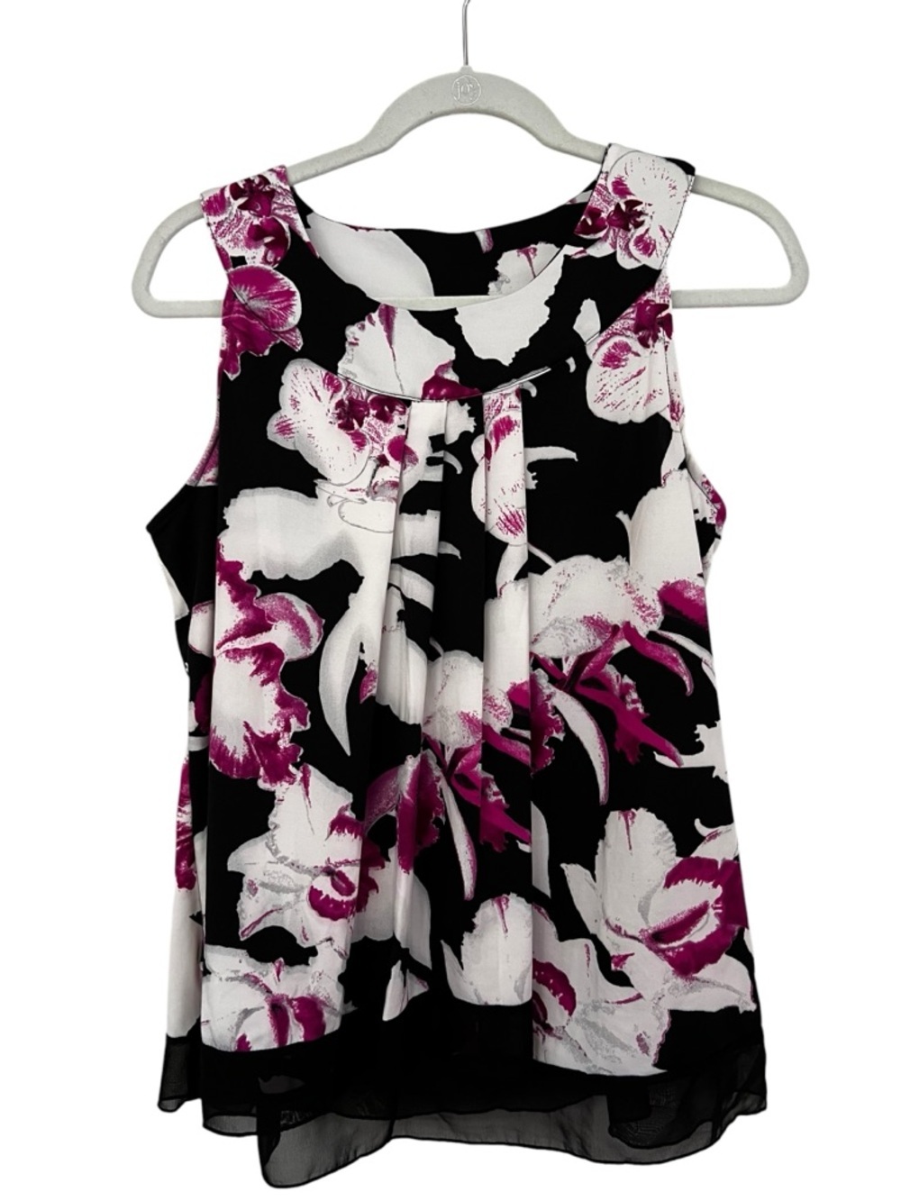 Women’s Sleeveless Black Floral Pleated Camisole with White & Magenta Print M